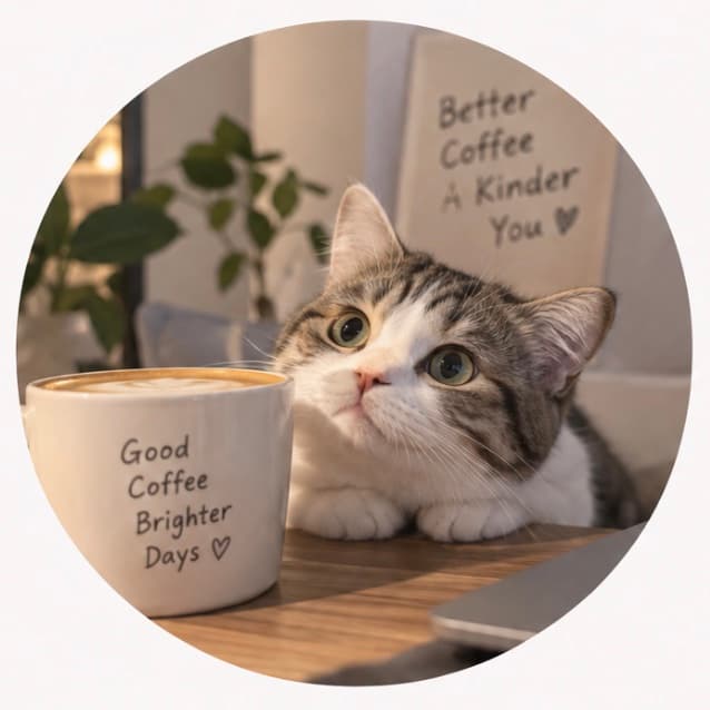 Tabby-and-white cat beside a coffee cup, used as Xin’s illustrated Beanmemo author avatar