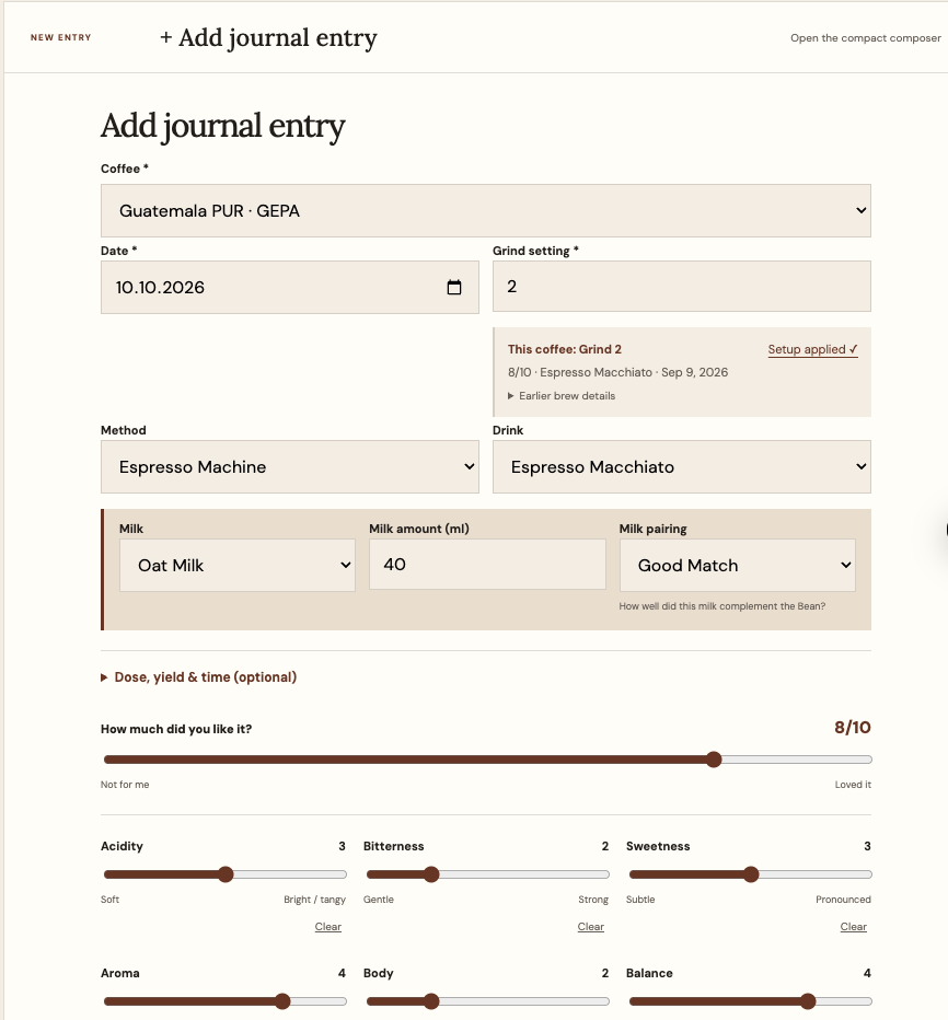 Beanmemo Espresso entry form for Guatemala PUR by GEPA with grind setting 2, Setup applied from an earlier 8/10 entry, oat milk 40 ml, a current 8/10 rating, and six taste sliders