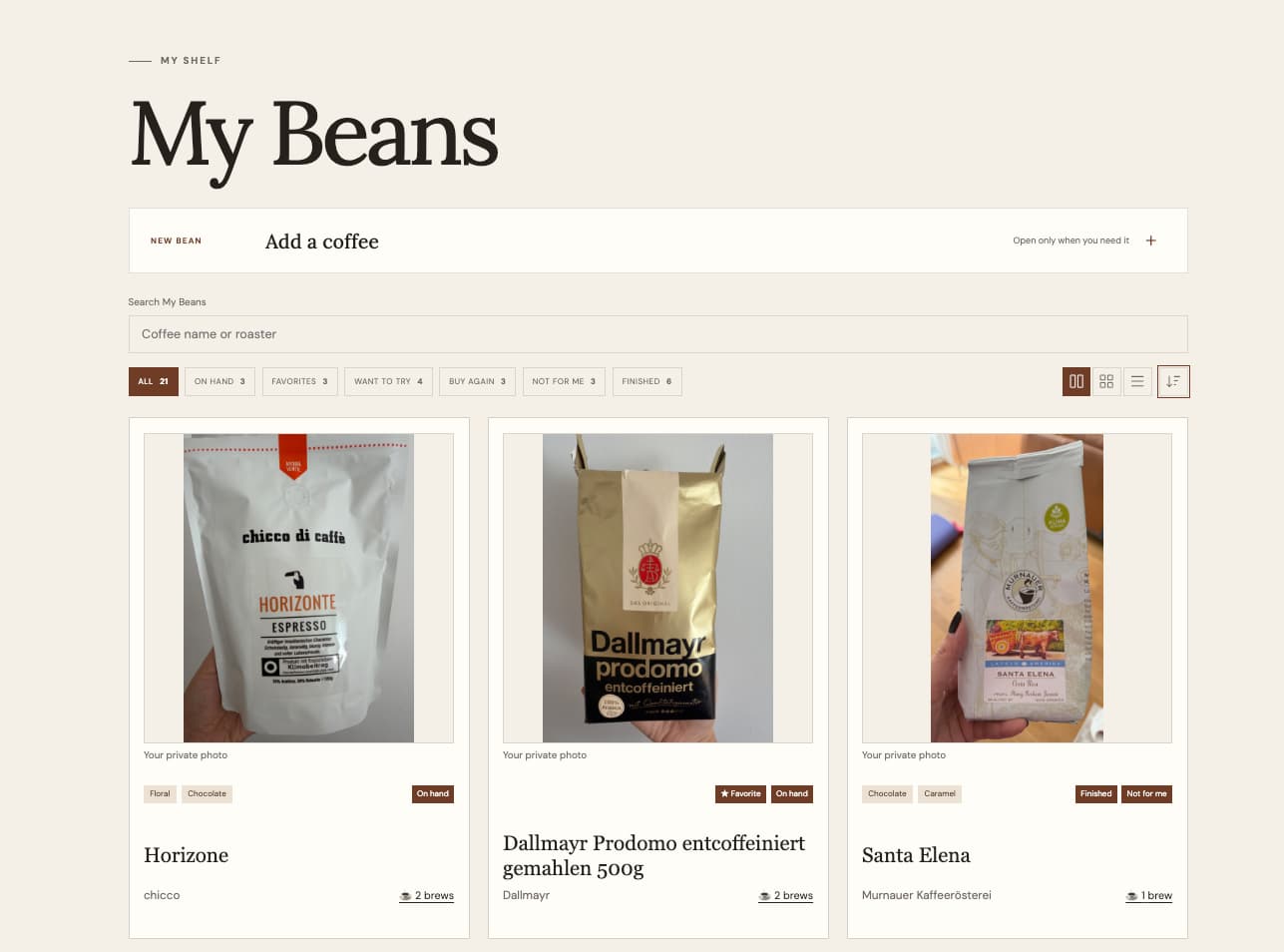 Beanmemo My Beans with All selected, showing Horizone, Dallmayr, and Santa Elena with Xin’s own package photos and separate coffee status labels