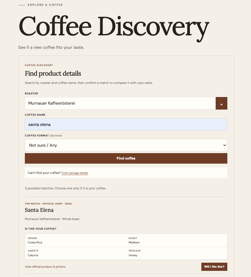 Beanmemo Coffee Discovery result for Santa Elena from Murnauer Kaffeerösterei, showing the official shop source, Costa Rica origin, medium roast, Caturra variety, and honey process