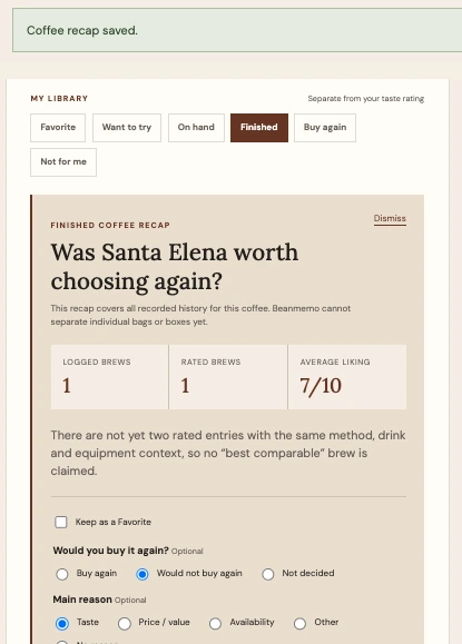 Beanmemo Finished Coffee Recap for Santa Elena with Coffee recap saved confirmation, one logged brew, one rated brew, average liking 7 out of 10, Would not buy again selected, and Taste selected as the reason